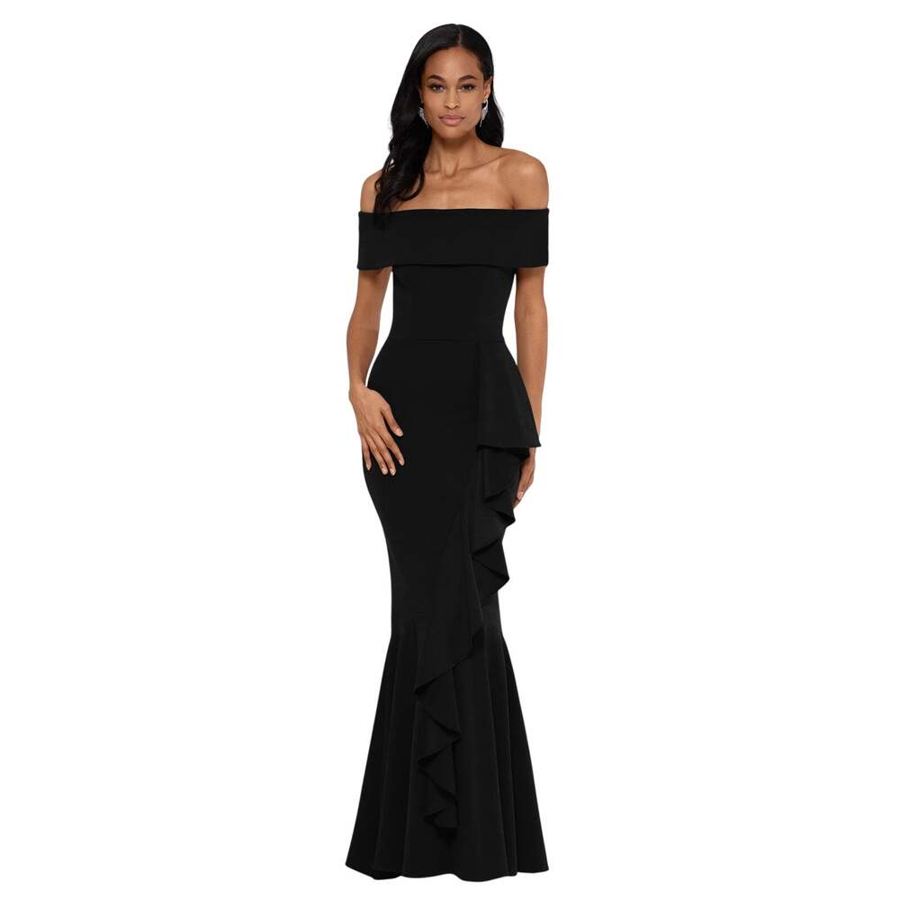 Betsy & Adam Women's 6 Black Carina Off The Shoulder Ruffle Maxi Dress HR2-29